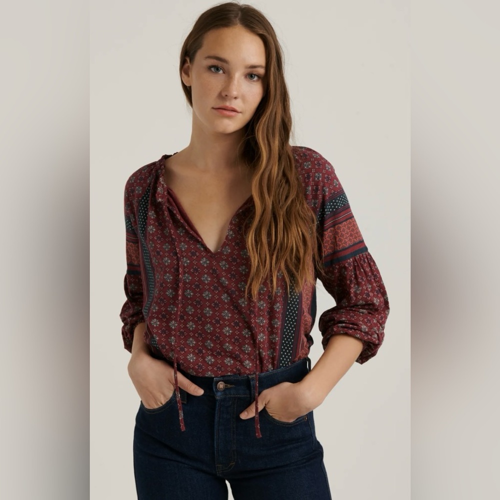Lucky Brand Burgundy Multi Printed Boarder Peasant Blouse